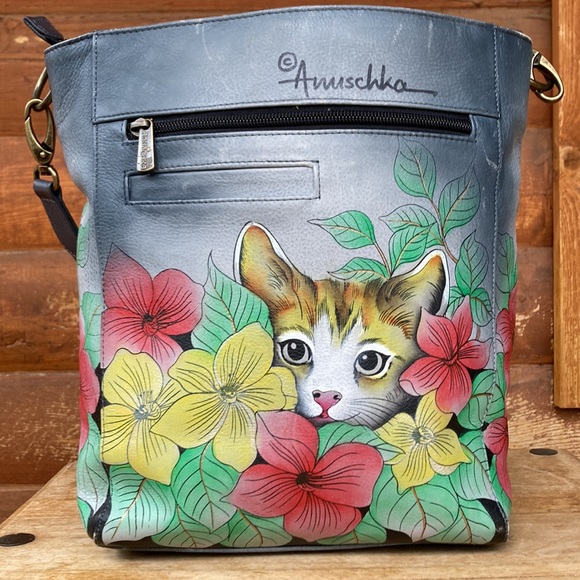 Anuschka Kitten Bag Gray Leather Hand Painted Cats and Flowers - Picture 2 of 14